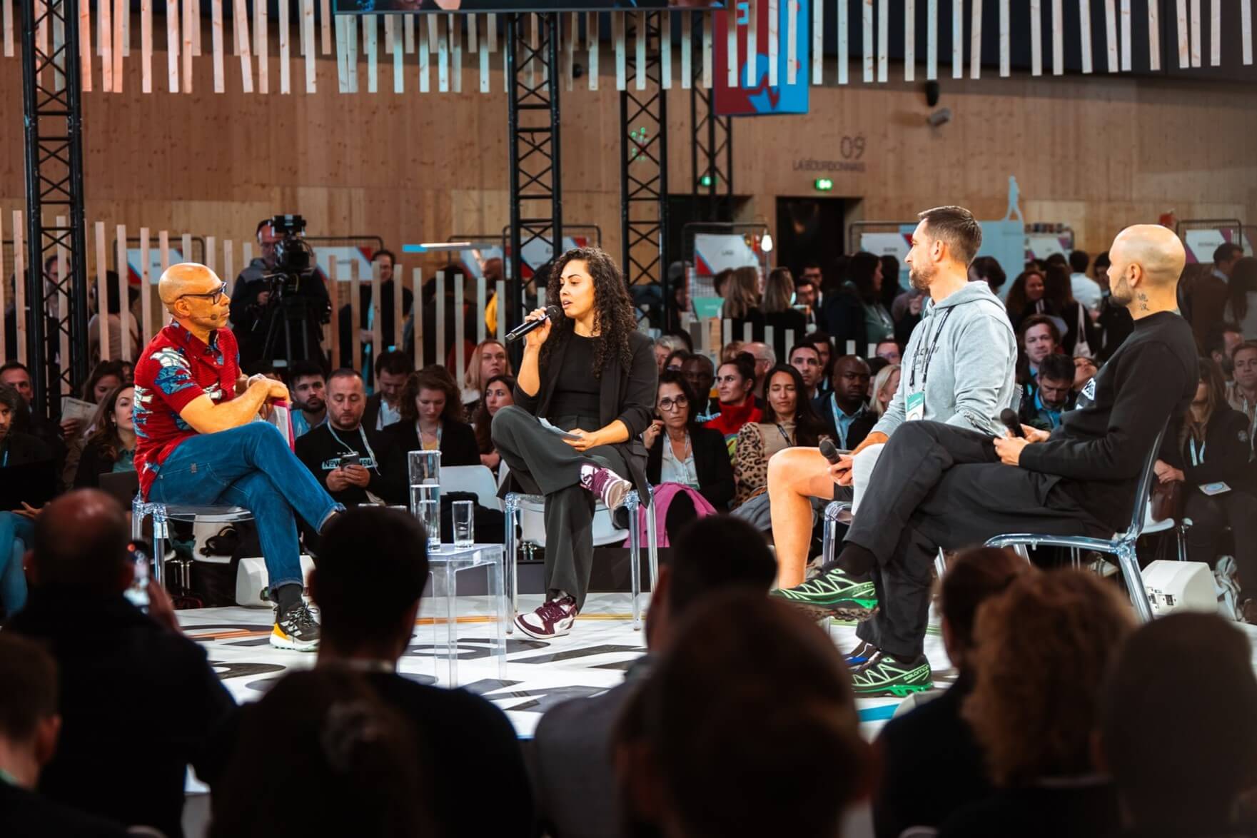 From the conference "The big shift in sport: who and how?", moderator Keme Nzerem, Lya Bavoil, Boris Ghirardi and Yohan Benalouane (left to right).