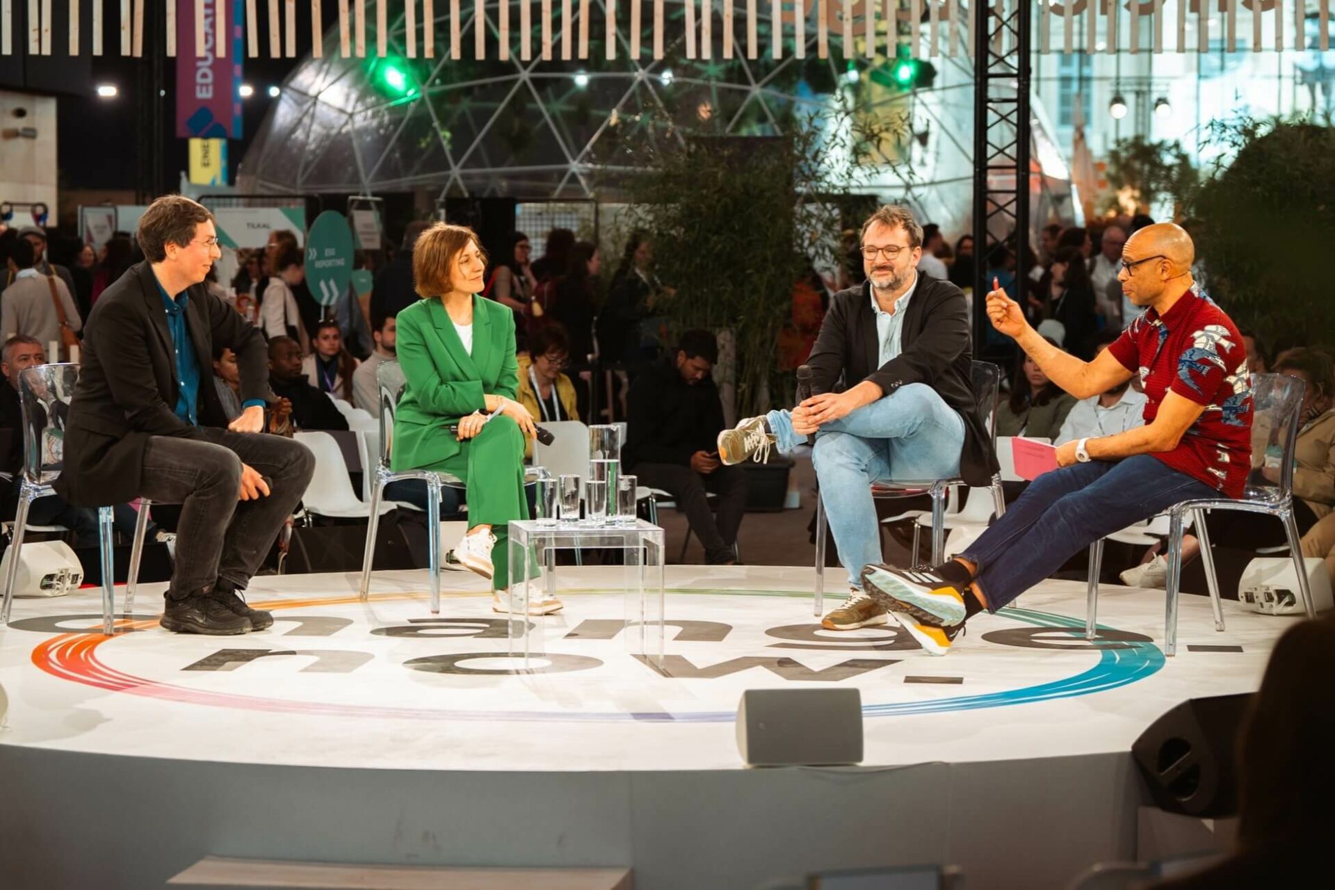 From the conference "The big shift in sport: who and how?", Thomas Deyriès, Margot Chave, Imanol Corcostegui, and moderator Keme Nzerem (left to right).